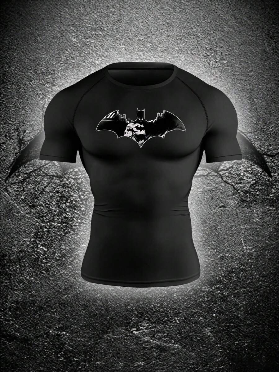 BATMAN X SHEIN RISE LYT Men's Bat Print Raglan Short Sleeve Sports T-Shirt - Black - View 1