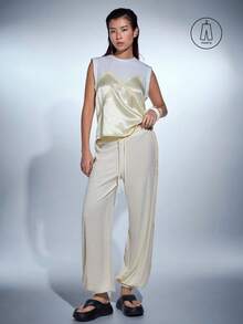MERLEAU Calças compridas casuais de moda moderna para mulher, em tecido de toalha branco, com design de bainha desfiada e efeito desgastado - Bege - View 3
