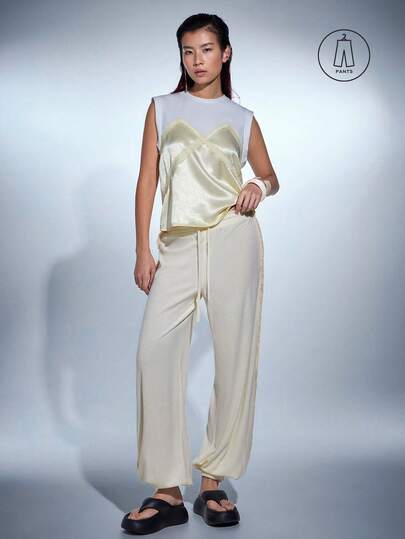 MERLEAU Women's Casual Fashion Modern White Towel Fabric Long Pants, Distressed Raw Edge Design