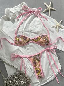 Costavie Swim SXY 兩件式比基尼套裝，春夏海灘度假，亮片紋理面料，掛脖平口上衣與側綁丁字褲下裝，性感比基尼套裝 - 彩色 - 查看 1