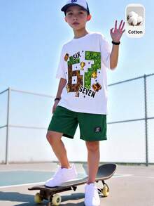 SHEIN 2件裝青少年男孩新款休閒極簡Y2K Mini World 67號經典時尚酷感運動風寬鬆舒適圓領短袖T恤，適合春夏 - 白色 - 查看 6