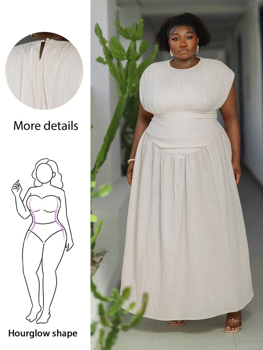 CurvyTilda 2026 Spring/Summer Plus Size Women Solid Color Round Neck Ruched Waist Simple Dress, Suitable For Vacation, Cruise, Travel, Beach, Party, Banquet, Summer Dresses
