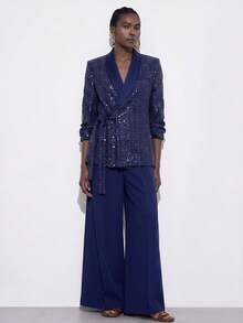 Aveloria Modichic Blazer Kain Tweed Berpayet dengan Desain Ikat Pinggang dan Celana Panjang Lebar Warna Polos, Gaya Vintage Prancis Elegan, Serbaguna untuk Pesta dan Perjalanan Sehari-hari - Navy Blue - View 3