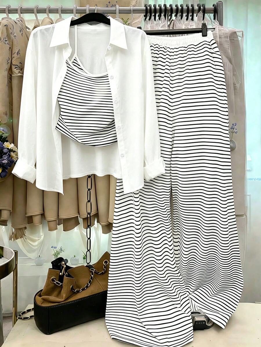 SHEIN 3件套黃色長袖條紋數位印花襯衫、黑色長褲、細肩帶背心,適合春夏外出穿著 - 彩色 - 查看 1