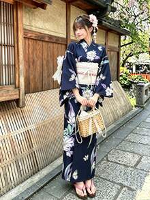 Irokai 日式傳統和服藍紫色夜茉莉花紋女款改良兩件式浴衣套裝 - 彩色 - 查看 1