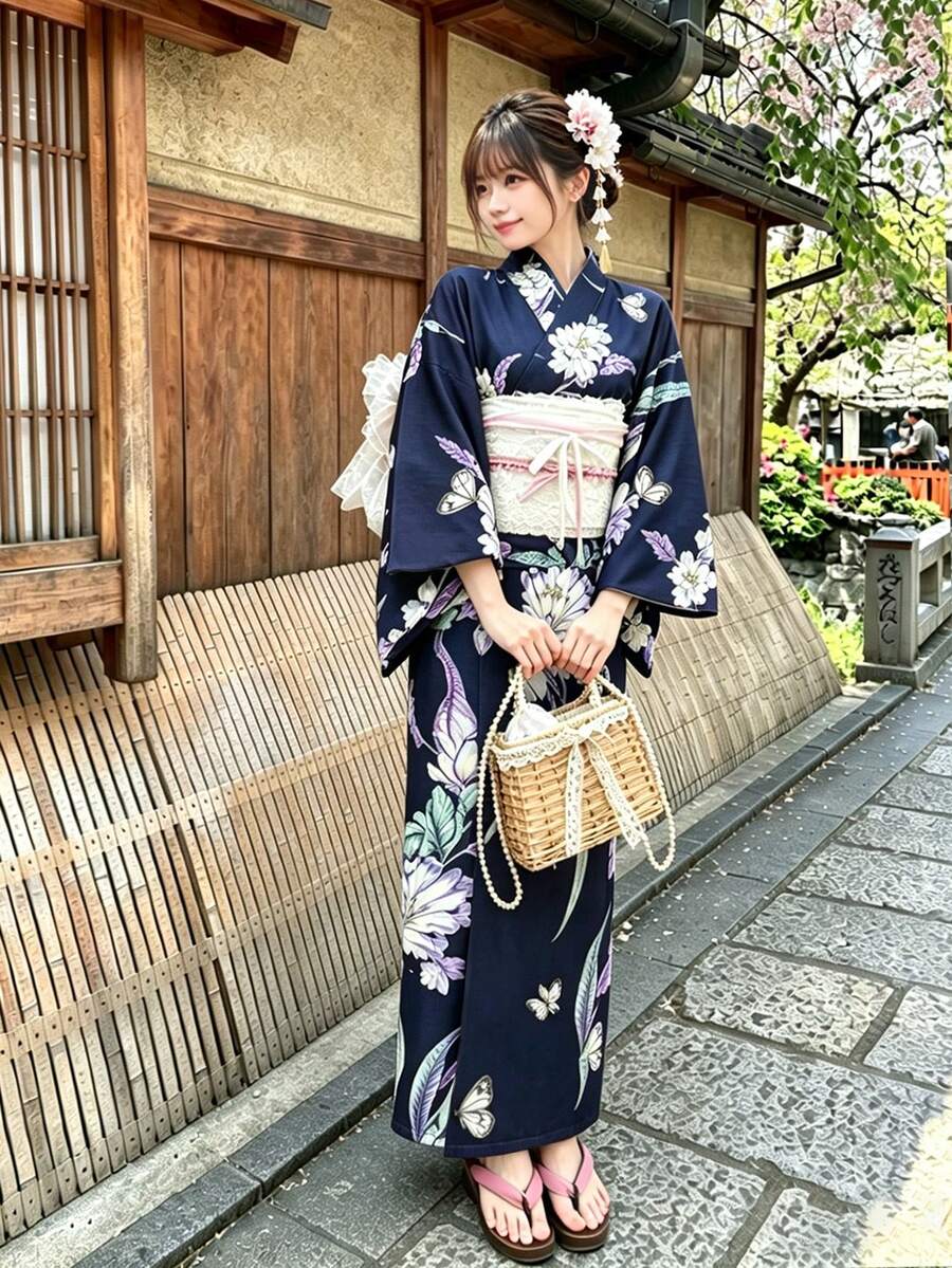 Irokai 日式傳統和服藍紫色夜茉莉花紋女款改良兩件式浴衣套裝 - 彩色 - 查看 1