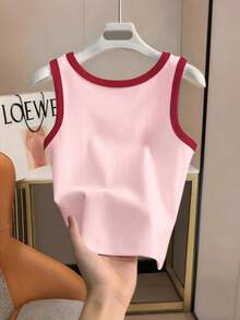 Resyla Women's Contrast Trim Round Neck Ribbed Tank Top Cherry Letter Print Sweet Casual Sleeveless Summer - Multicolor - View 2