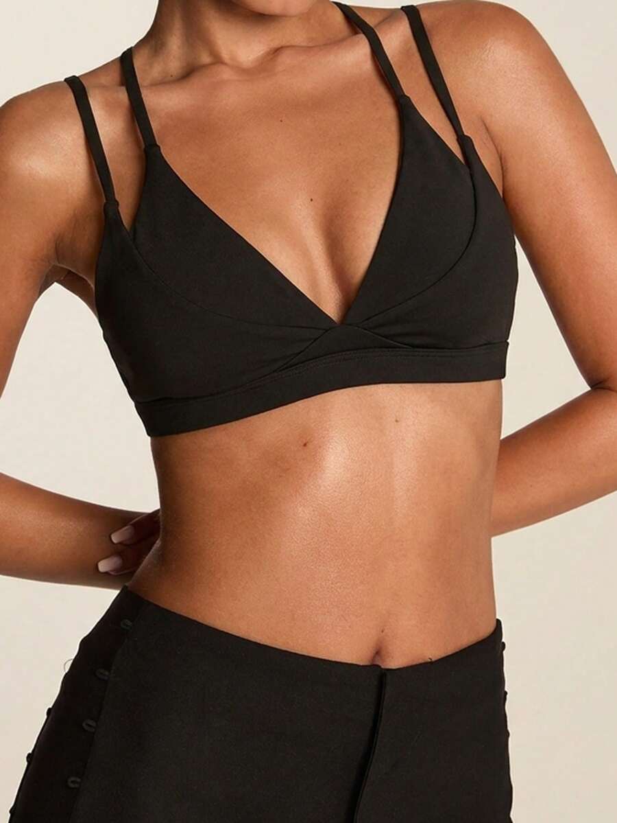 SHEIN BAE 女士纯色简约日常运动文胸 - 黑色 - 查看 1