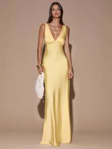 SHEIN Tall CURVE CURVE 大尺碼黃色夏季優雅性感婚禮正式早午餐賓客禮服，高個女性深V領露背魚尾長款派對晚禮服 - 淡黃色 - 查看 4
