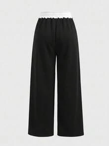 SHEIN Tween Girls Sweatpants Loose Casual Minimalist Comfortable Mid-Waist Bowknot Print Contrast Color Drawstring Decor Sweatpants Heather Gray Tween Girl - Black - View 2