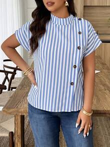 Weeklong Plus Size Women's Casual Holiday Blue & White Striped Contrast Button Decor Shirt, Suitable For Daily & Vacation Wear - Multicolor - View 4