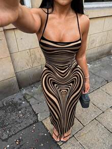 SHEIN SXY 女款性感休閒極簡優雅棕色身體輪廓印花細肩帶長洋裝 - 彩色 - 查看 1