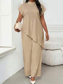 SHEIN Lady Plus Size Women's High Neck Short Sleeve Asymmetrical Hem Top - Apricot - View 2