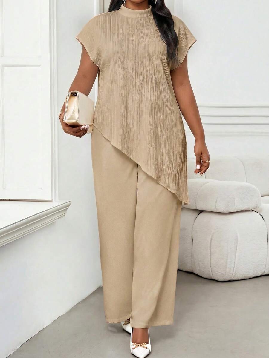 SHEIN Lady Plus Size Women's High Neck Short Sleeve Asymmetrical Hem Top