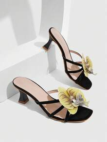 CUCCOO SZL Three-Dimensional Phalaenopsis High-Heeled Slippers, Black Square Toe Sculptural Thick-Heeled Sandals, Niche Design Banquet Dating Women's Shoes Summer - Black - View 4