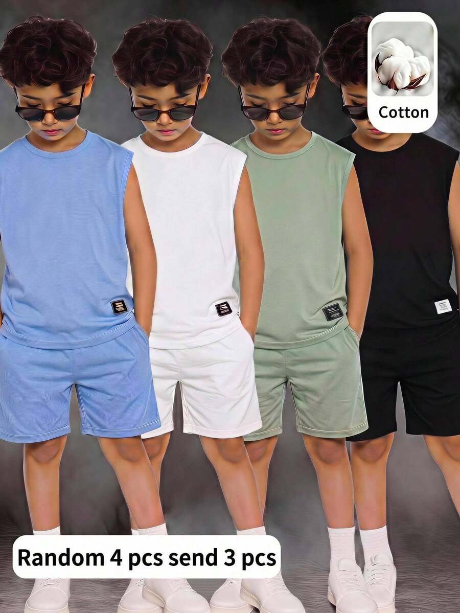 SHEIN 3件組買2送1兒童青少年男孩休閒街頭風素色字母拼接圓領套頭寬鬆無袖針織背心套裝，夏季上衣，男孩套裝，適合春/夏、情人節、約會、夏季穿搭、海邊週末、家庭聚會、返校季、婚禮季、運動、生日派對