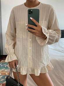 DAZY Vintage Striped Loose Round Neck Hem Lace Pocket Casual Girl Vacation Spring Summer Blouse Women Shirt - Grey - View 4