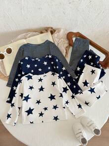 LMoss Kids Baby Boy Knitted Striped Star Pattern Crew Neck T-Shirt And Long Winter Pants 6pcs -Piece Set - Blue and White - View 2