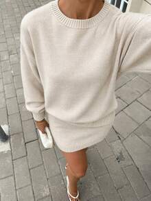 Casual Crew Neck Balloon Sleeve Drop Shoulder Oversize Loose Fit Crop Solid Color Plain Pattern Sweater & Mini Knitted Plain Pattern Skirt 2 Pieces Knit Set For Daily Chic Women Winter Outfits - Beige - View 4