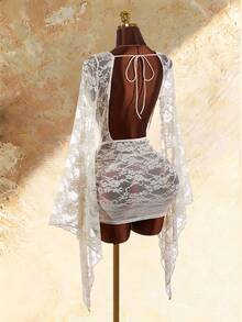 Amplova Plunging Neckline Long Sleeve Fully Sheer Sexy Elegant Ruffle Hem Bodycon Backless Mini Dress For Women Night Out Cream Autumn - Apricot - View 6