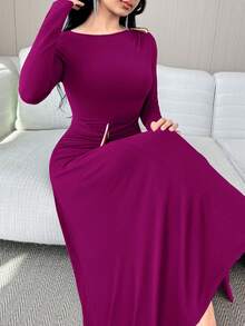 Modelyn 女款純色圓領金屬裝飾長袖百褶優雅洋裝 - 中紫紅色 - 查看 6