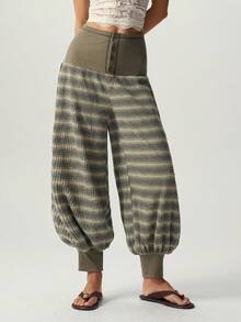 Bohemela Casual Solid Color Knit Loose Fit Women's Long Pants - Army Green - View 6