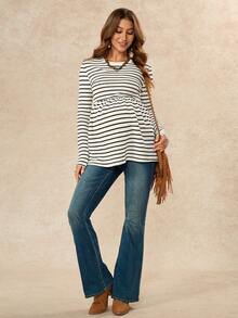Boho Mama Maternity Striped Round Neck Long Sleeve Ruffle Hem Casual Maternity T-Shirt Photoshoot White Autumn Fall - Black and White - View 9