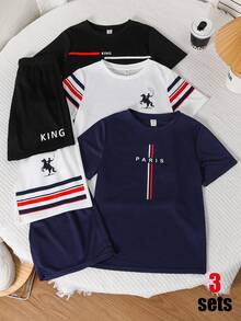 SHEIN 3套/買3送3 青少年男孩休閒拼接撞色圖案圓領寬鬆短袖T恤與短褲套裝，Y2K風格，兒童 - 彩色 - 查看 7