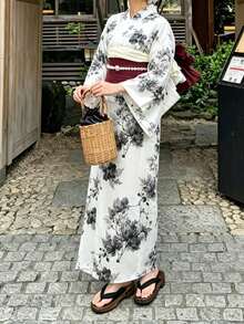 Irokai 日式傳統夏季女款兩件式和服浴衣 水墨印花（不含腰帶） - 黑與白 - 查看 1