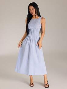 SHEIN PETITE Spring/Summer Blue And White Striped Sleeveless A-Line Long Dress – Fresh Casual Coastal Tropical Style, Elegant Women's Picnic Brunch Vacation Resort - Aqua Blue - View 4
