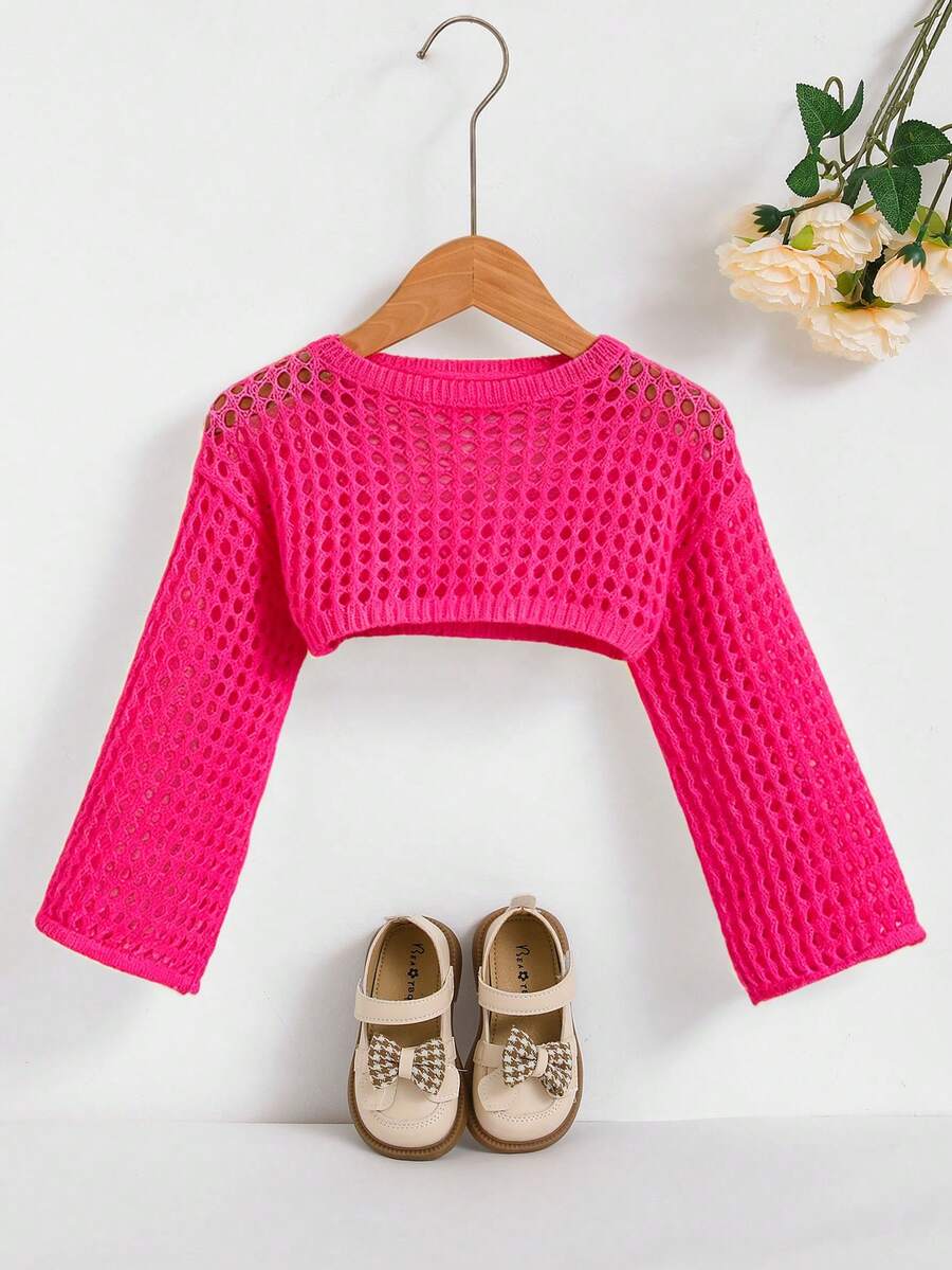 Young Girl Solid Color Hollow Knit Cropped Sweater - Hot Pink - View 1
