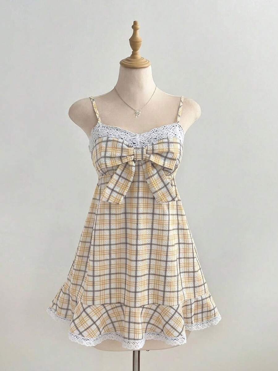 Elamini 女款夏季格紋細肩帶蕾絲飾邊A字迷你休閒洋裝 - 彩色 - 查看 1