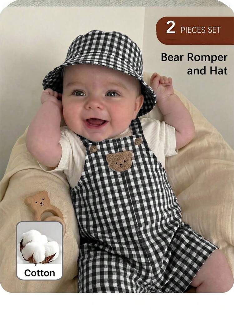 Baby Boy Patch Bear Patch Romper - Black and White - View 1