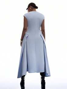 LYSMO Vestido minimalista de talla grande con cuello, sin mangas, unicolor, con pliegues y bajo asimétrico - Azul - Ver 2
