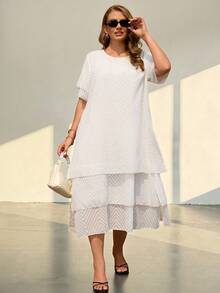 Miaspire Plus-Size Women's Round Neck Short-Sleeved Layered Ruffled Loose White Dress, Suitable For Summer Occasions Such As Graduation Ceremonies And Wedding - White - View 9