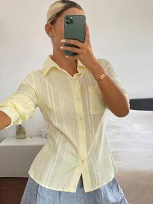 DAZY 女款純色收腰長袖休閒老錢風優雅夏季襯衫，適合校園穿搭 - 白色 - 查看 3