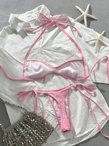 Costavie Swim SXY 兩件式比基尼套裝，春夏海灘度假，亮片紋理面料，掛脖平口上衣與側綁丁字褲下裝，性感比基尼套裝 - 彩色 - 查看 2