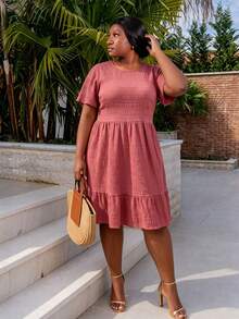 CurvyTilda Plus Size Summer Solid Color Textured Ruffle Hem Casual Vacation Dress, Western Wear, Festival Boho Hippie Cowgirl Outfit Old Money Bohemian Elegant - Dusty Pink - View 3