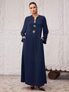 Al Najma 女款太陽金屬裝飾紋理口袋傳統阿拉伯長洋裝 - 藏蓝色 - 查看 2