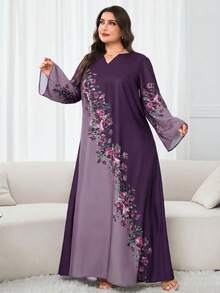 Al Najma 大尺碼女款花卉印花時尚優雅傳統阿拉伯長洋裝 - 紫色 - 查看 1