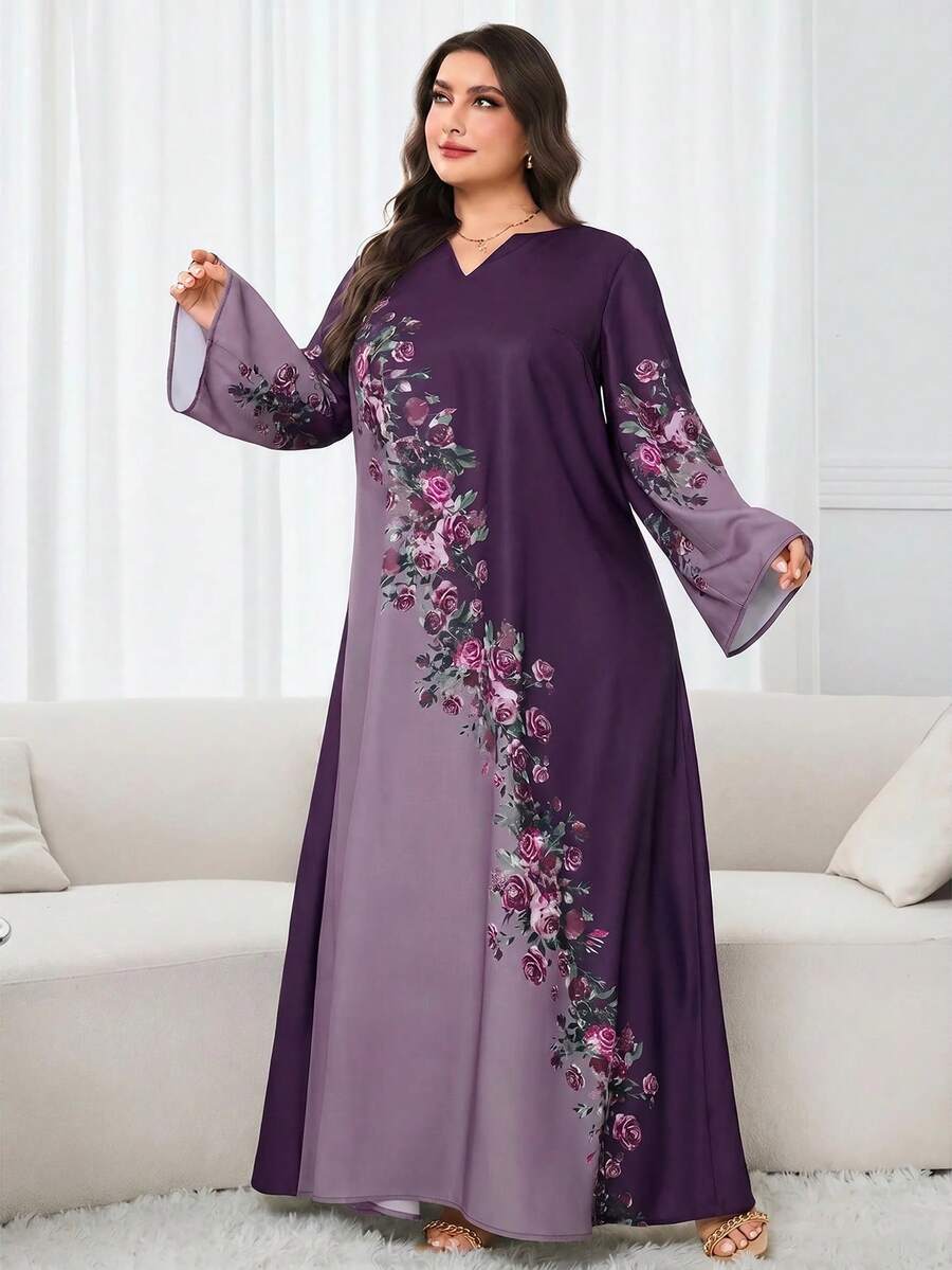 Al Najma 大尺碼女款花卉印花時尚優雅傳統阿拉伯長洋裝 - 紫色 - 查看 1
