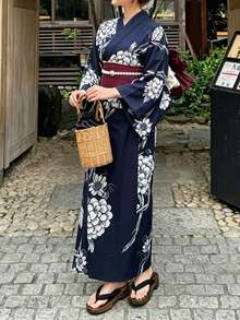 Irokai 日式傳統夏季女款兩件式浴衣和服，花卉印花，海軍藍，度假文化風（不含腰帶） - 藏蓝色 - 查看 1