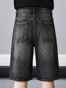 Manfinity EMRG Men's Pocket Distressed Wide Leg Loose Cropped Denim Jeans, Holiday - Black - View 2