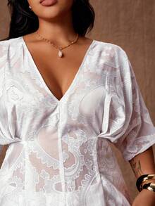 Rustia Plus Size V-Neck Ruffle Sleeve Short Sleeve Ruched Jacquard Cinched Waist A-Line Semi-Sheer Celestial Brunch Formal Blouse All White Summer - White - View 3