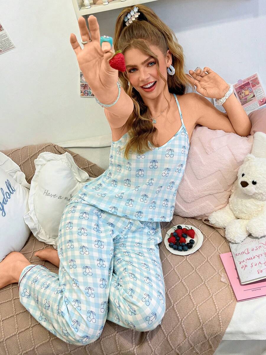 SweetSlumber Sweet Cute Ins Cherry Plaid Print Camisole & Long Pants Pajama Set For Women - Blue and White - View 1