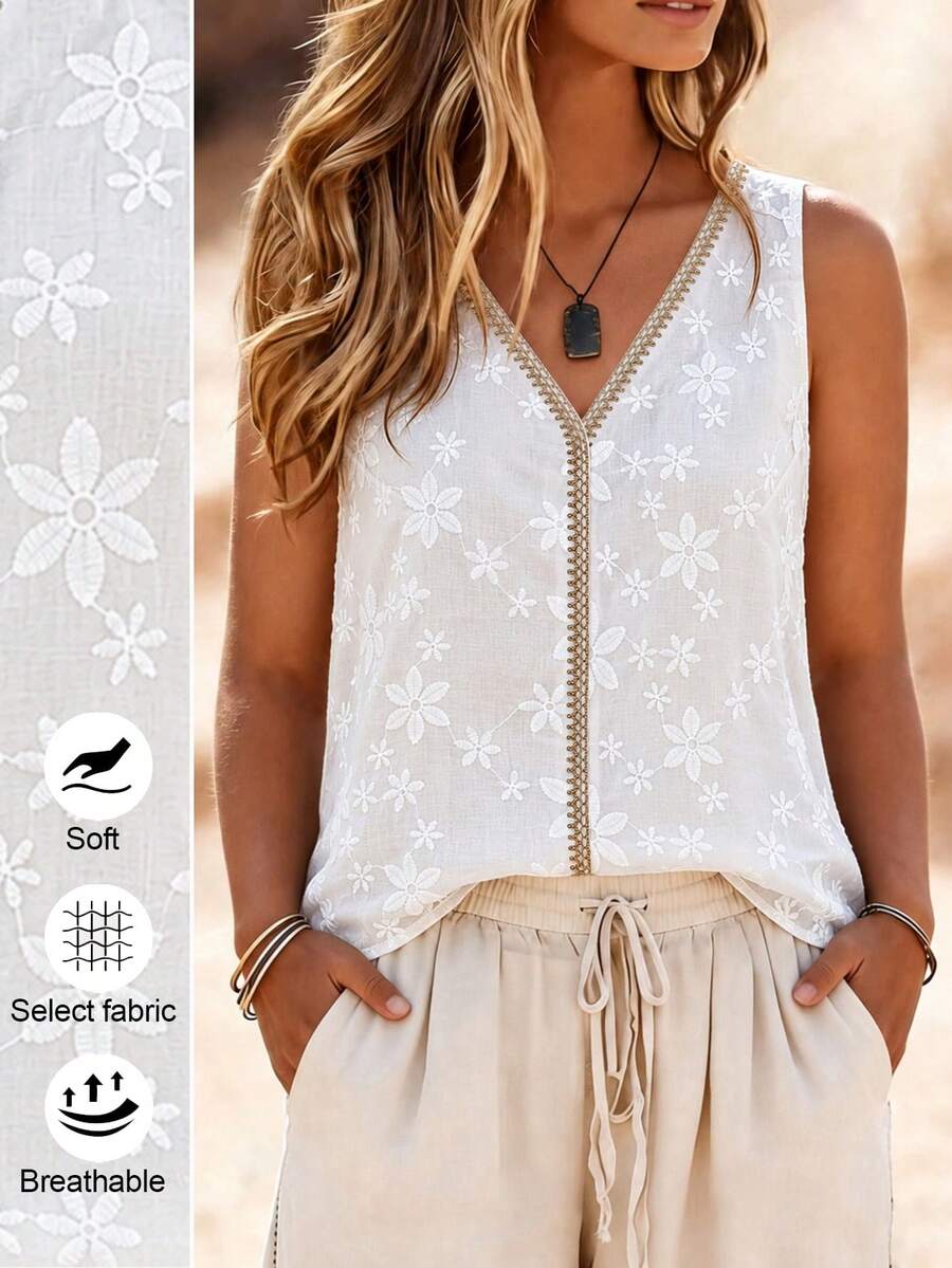 EMERY ROSE Canotta da donna taglie forti con stampa floreale, senza maniche, collo rotondo, casual per vacanze estive - Bianco - Visualizzare 1