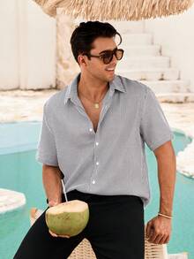Mercer Haus Feiyo Men's Retro Style Short Sleeve Shirt, Made Of Lightweight Striped Polyester Fabric. Suitable For All Seasons, Casual And Versatile. - Black and White - View 5
