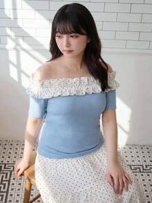 Bijouette 大尺碼圓點拼接露肩休閒百搭日常出遊T恤 - 藍色 - 查看 7