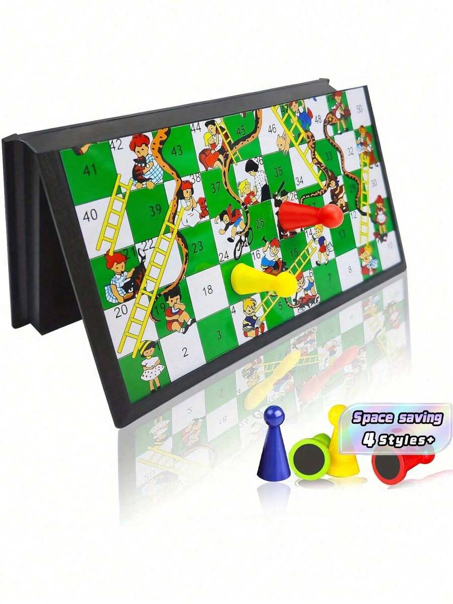 磁性蛇梯棋棋盘游戏套装，折叠便携设计，重量轻，旅行游戏套装礼物，家庭趣味玩具 - 綠色 - 查看 1