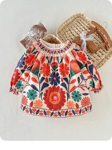 Babygirl Casual Cute Floral Pattern Ruffle Hem Long Sleeve Dress - Apricot - View 8